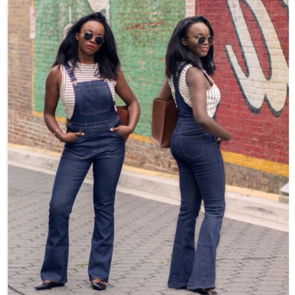 Madewell Flea Market Flare Denim Overalls Raw Edge Hem Dark Wash M Medium